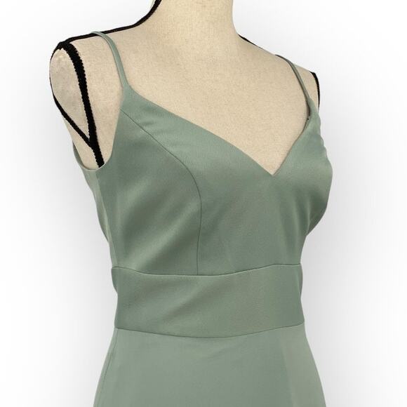 David's Bridal Spaghetti Strap Crepe-Back Satin Dress in Dusty Sage - Picture 8 of 13